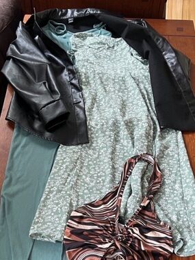 SHEIN | Women’s Size XXSP Lot; Black Faux Leather Jacket, 2 Green Dresses, Brown